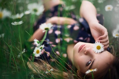 Девушка лежит в ромашках