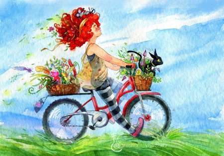 Девушка на велосипеде живопись
