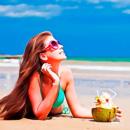 Девушка с коктейлем на пляже