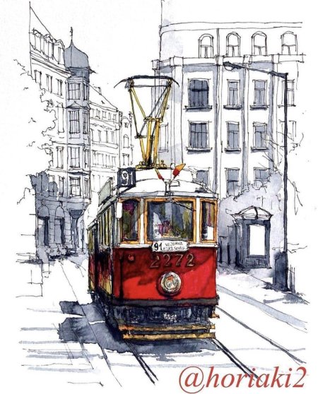 Трамвай акварель