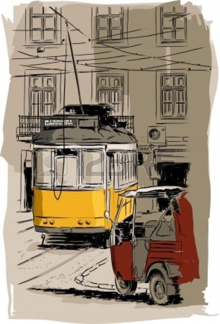 Лиссабонский трамвай акварель