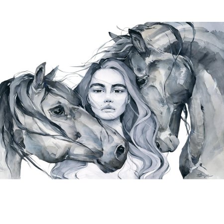 Лошади и девушка акварели