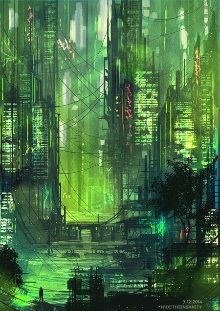 Cyberpunk art city зеленый