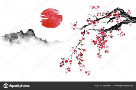 Японская живопись суми-э сакура традиционная гора