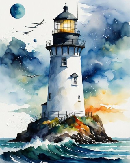 Море волны маяк акварель