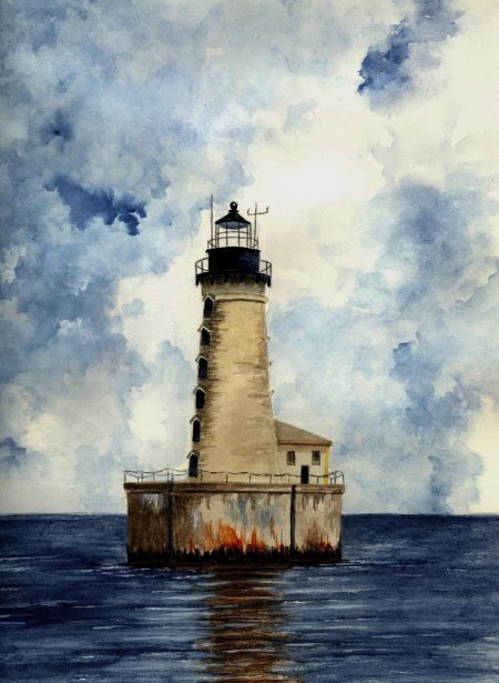 Акварель море маяк