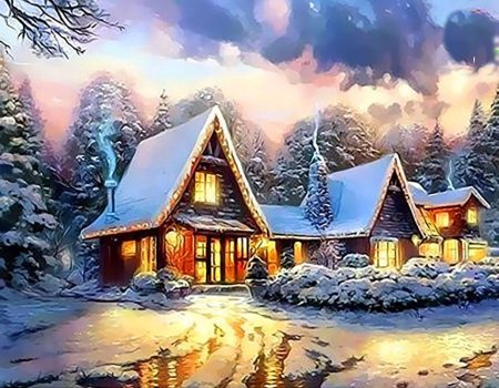 Алмазная мозаика домик в зимнем лесу