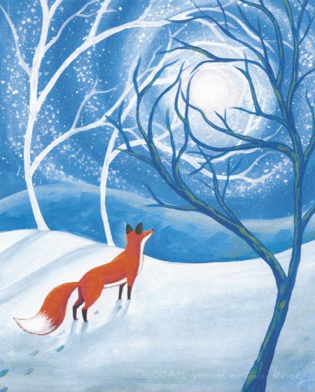 Лиса в зимнем лесу рисунок