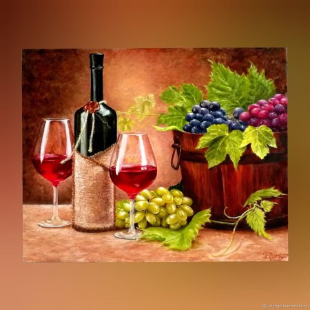 Вышивка натюрморт с вином и фруктами