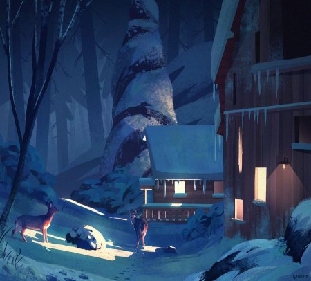 Дом в зимнем лесу арт