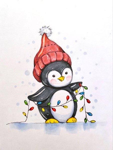 Скетч пингвин новогодний