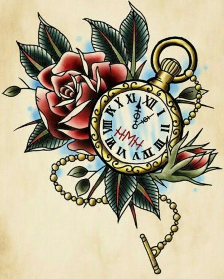 Эскиз тату часы с розами