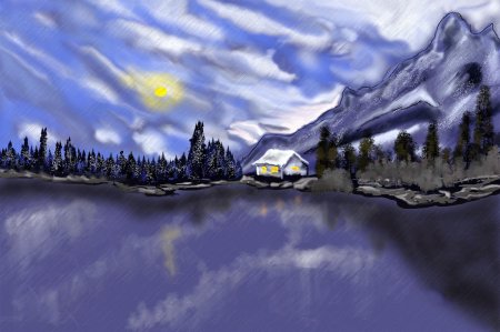 Картина зимнее озеро