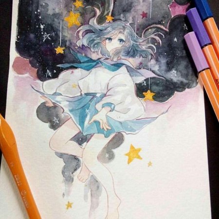 Аниме акварельными карандашами