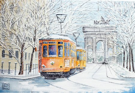 Зимний городской пейзаж акварелью