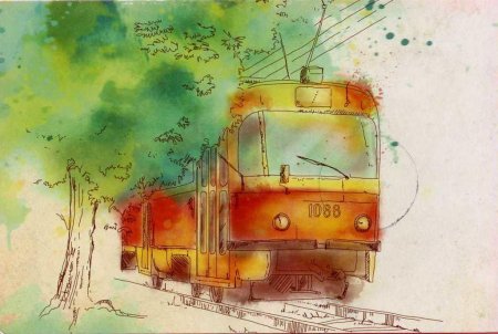 Трамвай рисунок акварель