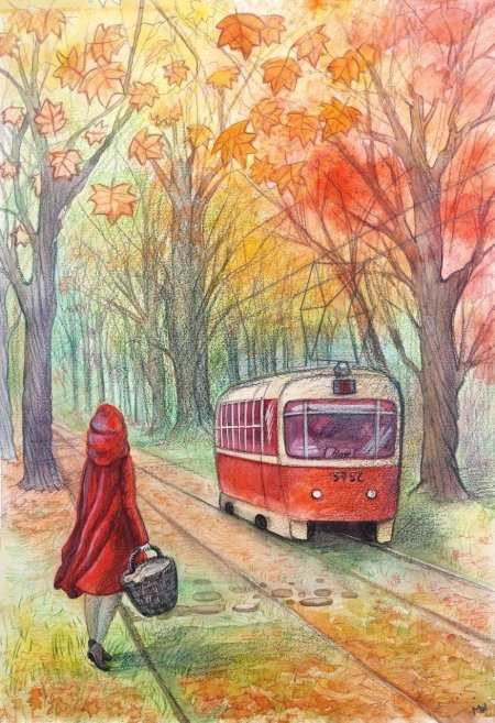 Осень трамвай рисунок