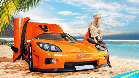 Девушки у моря с пальмами