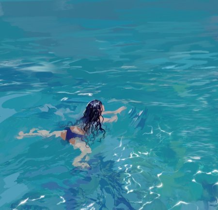 Девушка плавает в море