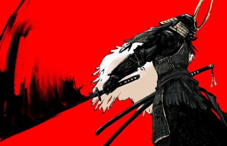 Самурай ронин арт на фоне красного солнца