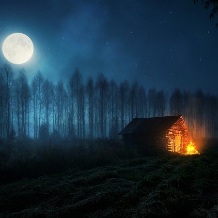 Избушка в лесу ночью