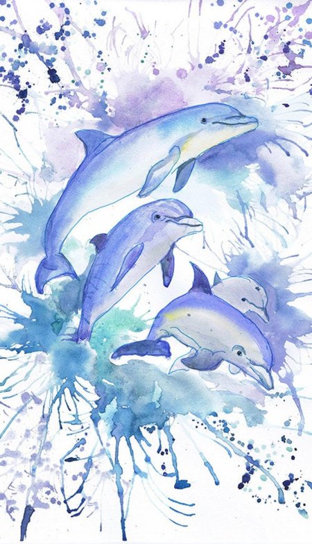 Дельфины акварелью