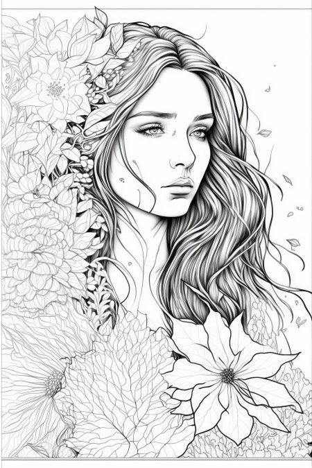 Портрет девушки с цветами раскраска