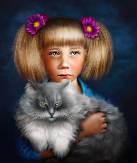 Девочка с котиком арт