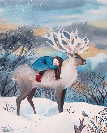 Герда на олене из сказки снежная королева