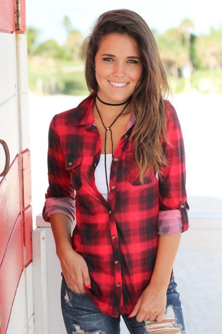 Красная рубашка в клетку женская