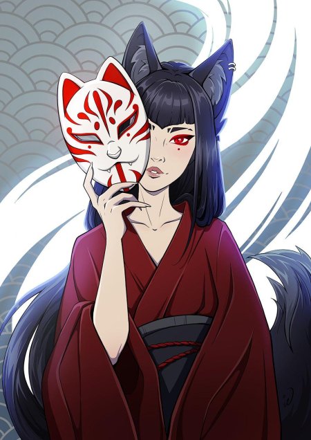 Японские маски тенгу кицунэ