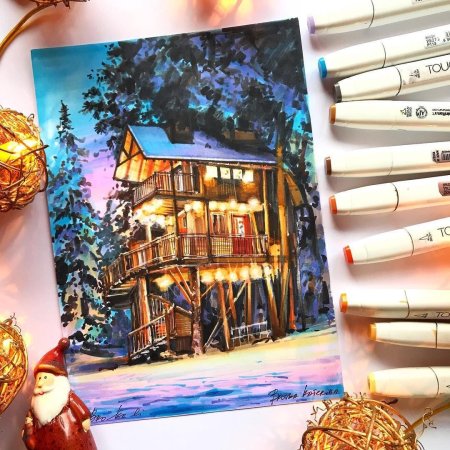 Зимний скетч маркерами