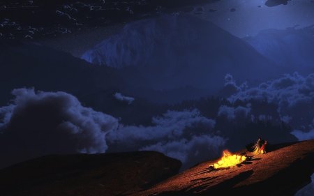 Ночной костер в горах