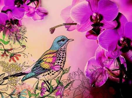 Фреска цветы и птицы