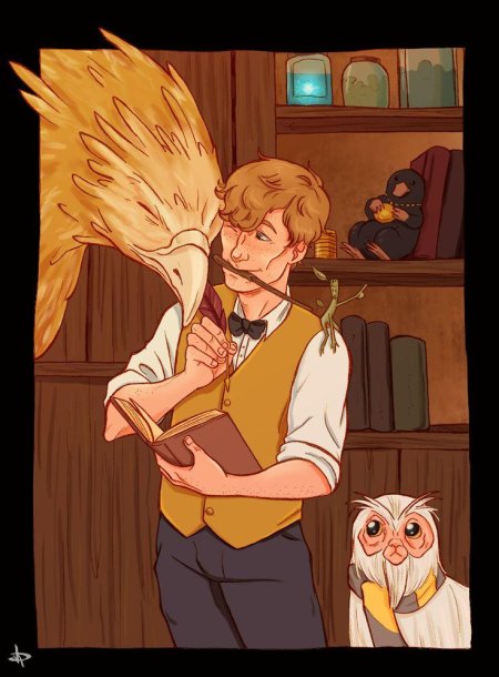 Ньют саламандер и гарри поттер арт