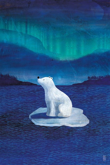 Белый медведь на льдины северное сияние и