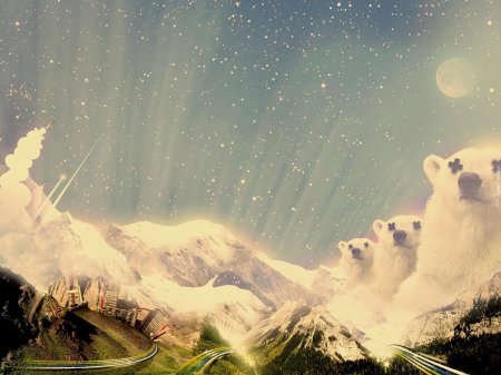 Белый медведь и северное сияние