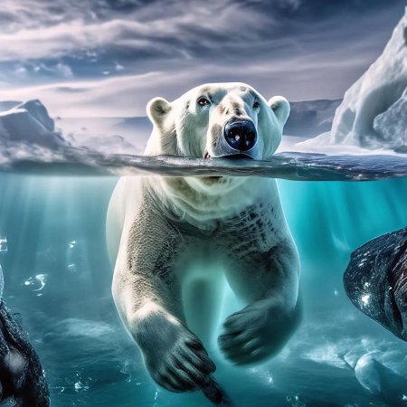 Белый медведь плавает