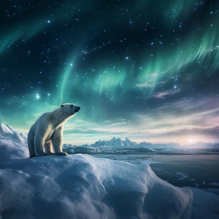 Северный полюс сияние белый медведь