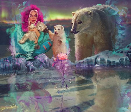 Белый медведь и северное сияние