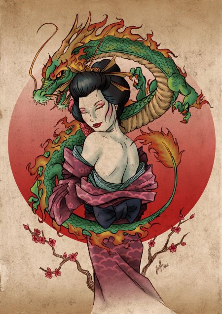 Гейша с драконом эскиз
