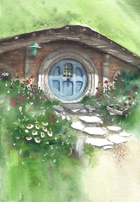 Нора хоббита акварель