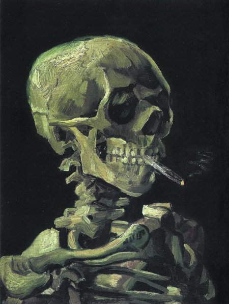 Skull of a skeleton with burning cigarette