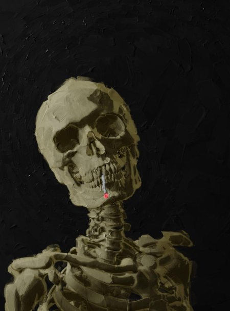 Skull of a skeleton with burning cigarette
