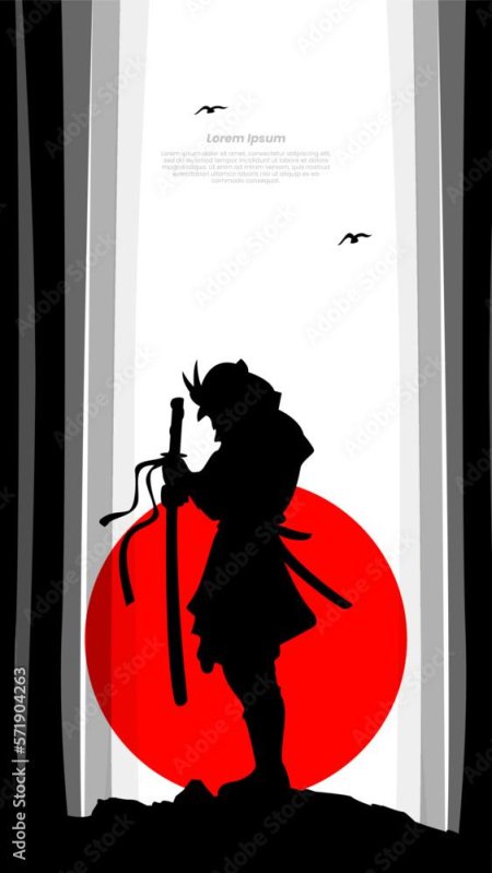 Самурай на фоне красной луны