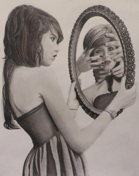 Девушка смотрит в зеркало рисунок