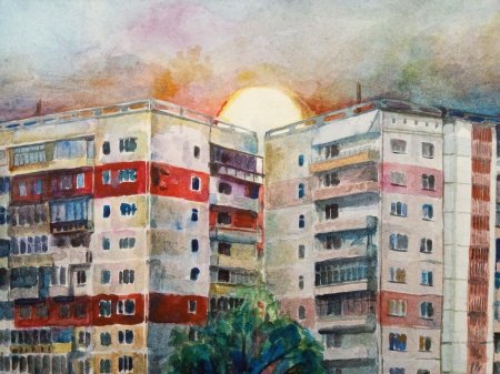 Многоэтажный дом акварелью