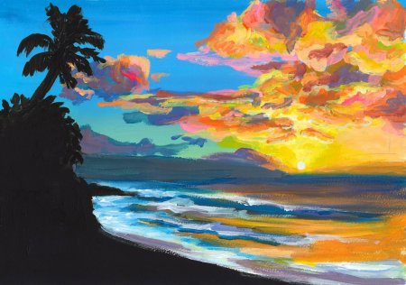 Закат на море красками