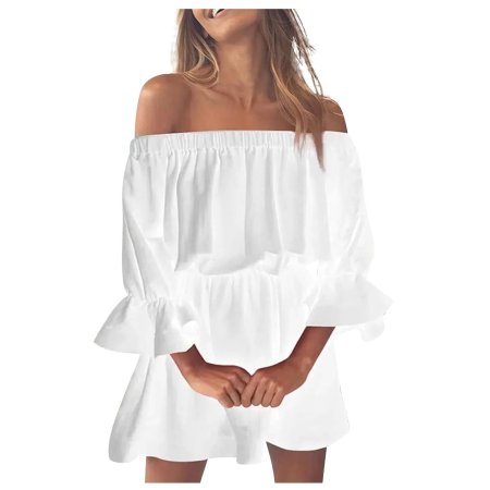 Женское однотонное платье с открытыми плечами