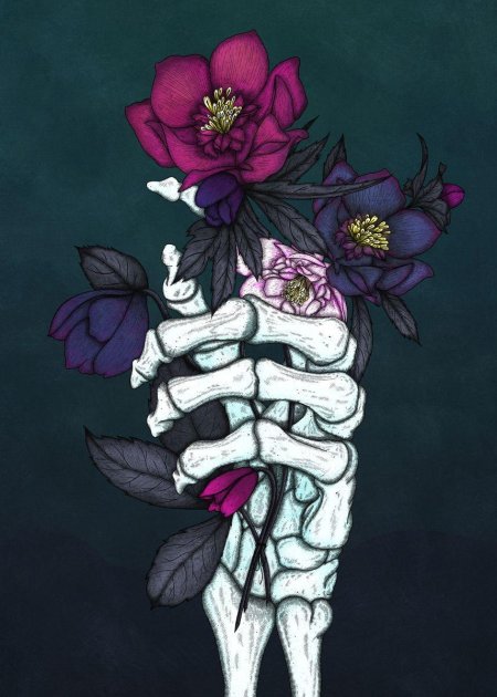 Скелет и цветы арт